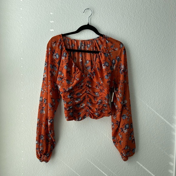 NWT Free People Final Rose V neck Blouse Rust Combo XS - Picture 2 of 10